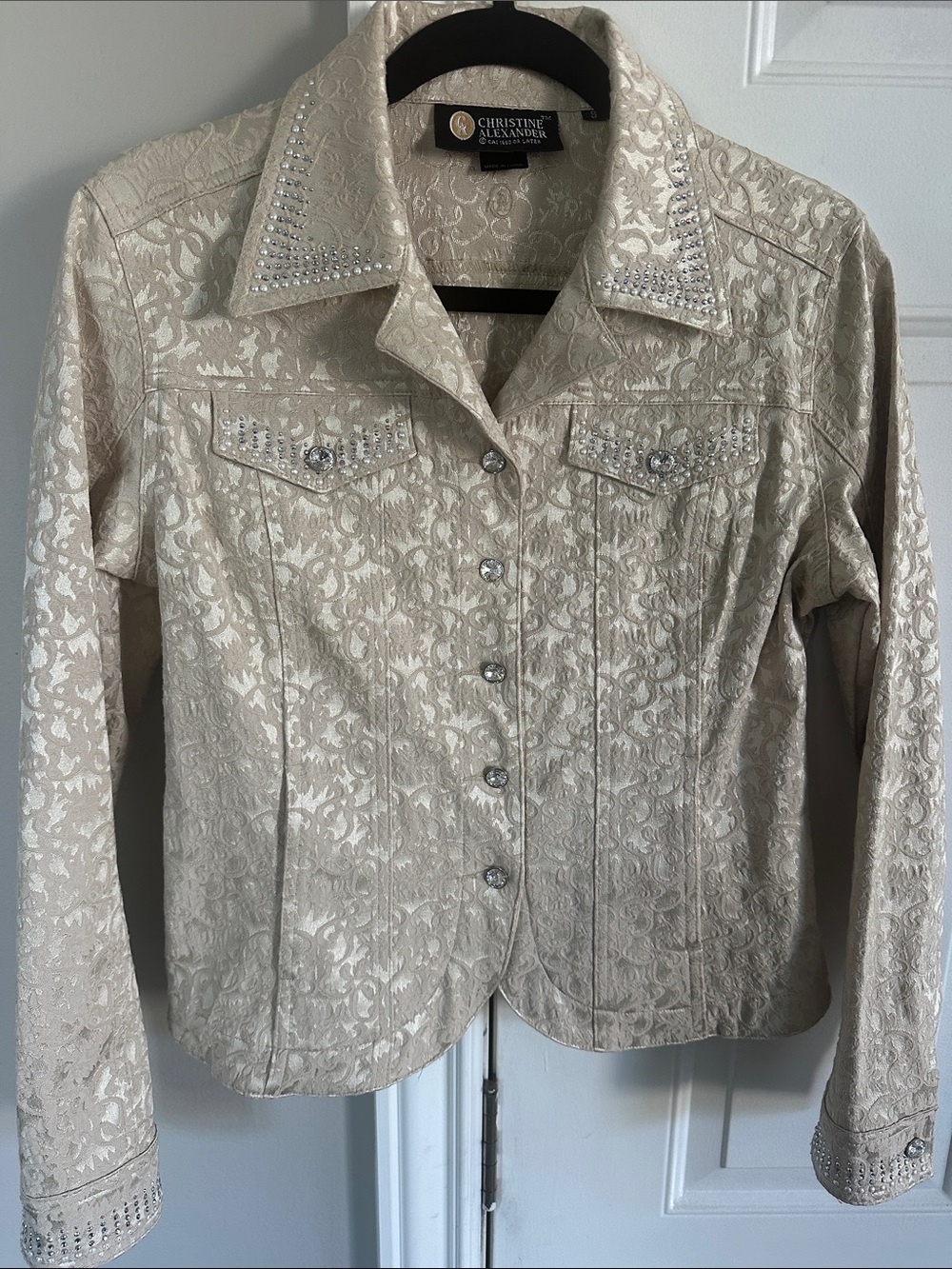 Christine Alexander Cream Brocade Rhinestone-Trim Jean Jacket